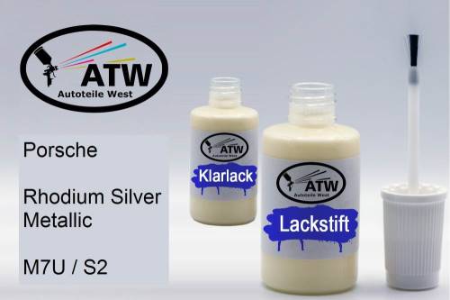 Porsche, Rhodium Silver Metallic, M7U / S2: 20ml Lackstift + 20ml Klarlack - Set, von ATW Autoteile West.
